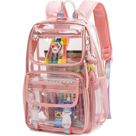 Backpack for Girls, Cute Transparent Heavy Duty Kid School Book Bags Complimentary Gift (Pink)