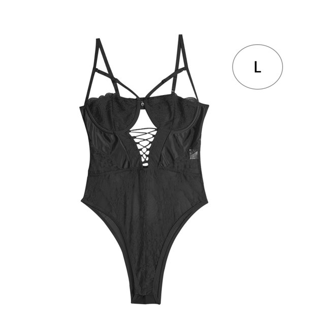Lencería delgada para mujer Ropa de dormir sexy para mujer Body de encaje con tiras, L, Negro AweSitey XX000067-11