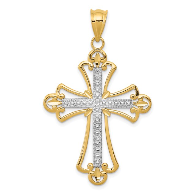 14K Rhodium Plated Yellow Gold w/Rhodium Budded Cross Pendant
