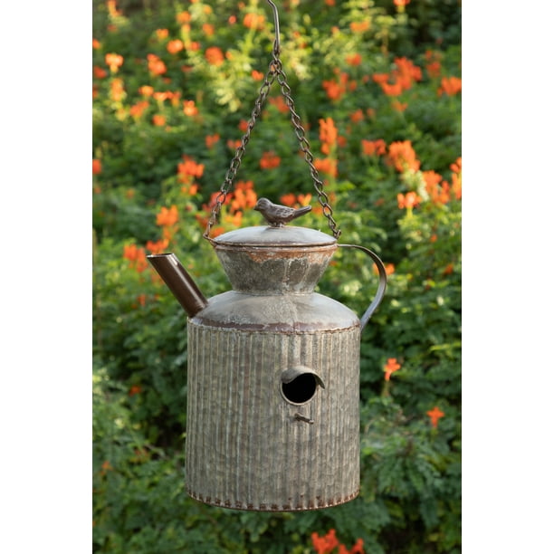 Alpine Corporation 13Inch Hanging Watering Tin Can Birdhouse, White