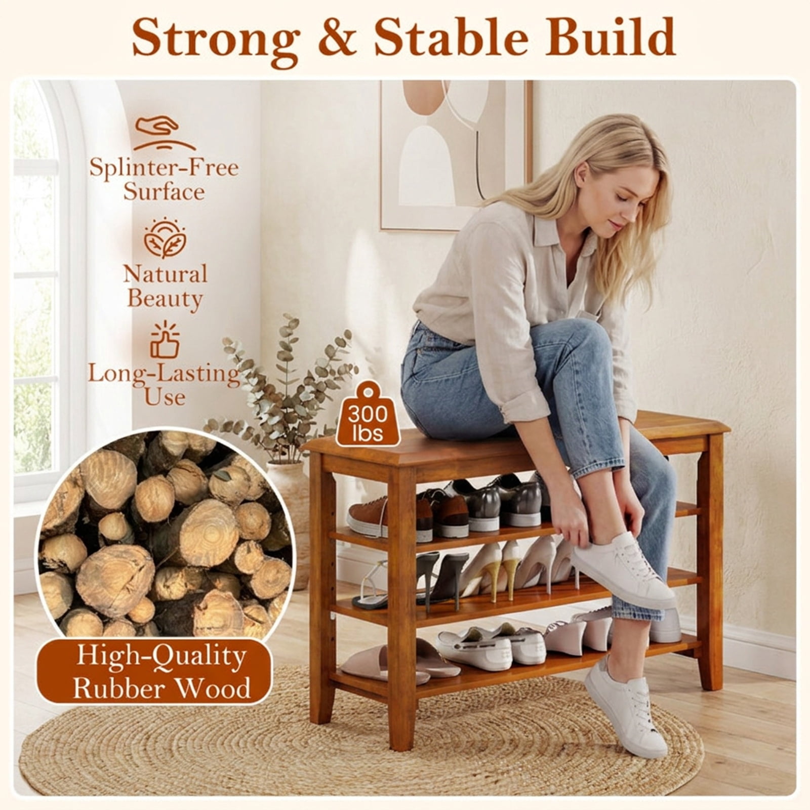 Furnibear 3 Tier Shoe Rack Bench with Adjustable Shelves and Rubber Wood Seat for Entryway and Living Room Shoe Storage, Brown