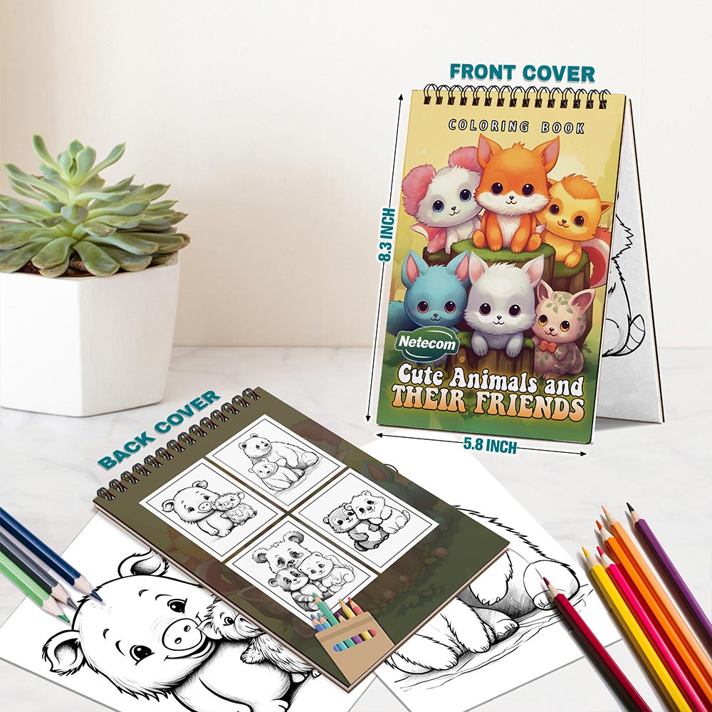 Netecom Cute Animals and Their Friends Coloring Book Spiral Bound for Adutls, A5 Wooden Cover, 30 Adorable Critters Coloring Pages of Furry Pals for Stress Relief and Relaxation