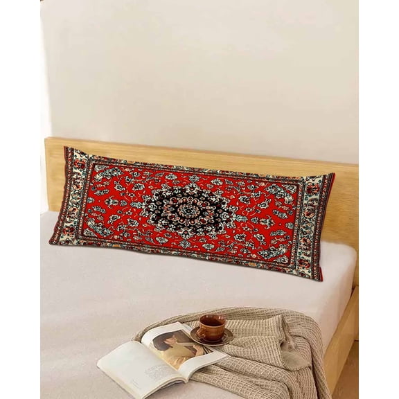 Red Boho Body Throw Pillow Cover Case, Couch Sofa Bed Pillowcase, Soft Decorative Pillow Protector, Southwest Aztec Bohemian Abstract Floral 20x54Inch Long Reversible Pillow Shams with Zipper