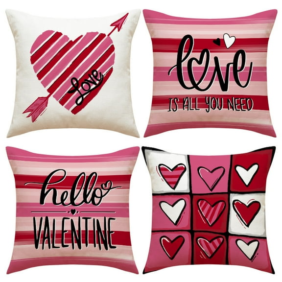 PRIYAL Pink Stripe Valentines Day Decor-Throw Pillow Covers,Valentine Linen Pillow Case with Red Heart for Couch Sofa Home Holiday Decorations 18x18 in Set of 4