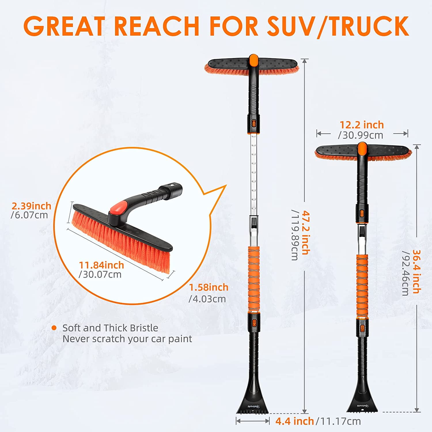 Snow MOOver 39 Extendable Snow Brush with Detachable Ice Scraper for Car |  11 Wide Squeegee & Bristle Head | Size: Car & SUV | Lightweight Aluminum