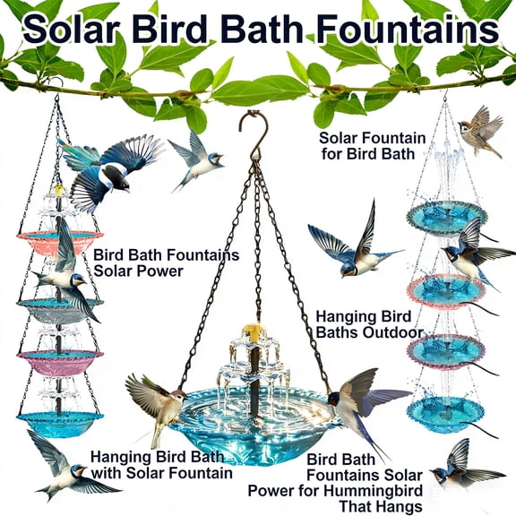 Solar Fountain for Bird Bath with Hanging Design, Glass Bowl Cascade Fountain with Solar Pump, Outdoor Bird Bath for Garden Patio Balcony Wild Birds Hummingbirds - #1-Blue