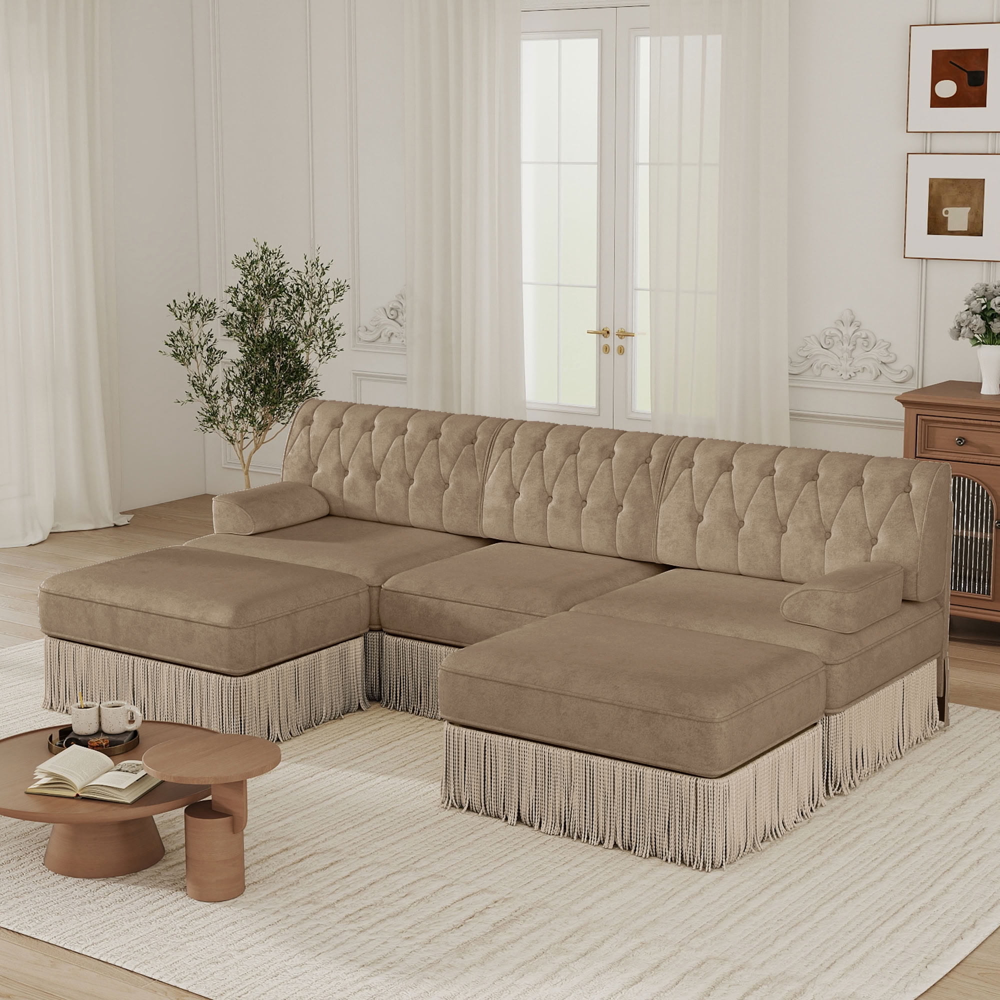 MAYEERTY U-Shape Chesterfield Modular Sofa, Tassel Sectional Couch with Double Ottomans for Living & Bedroom Home Decor