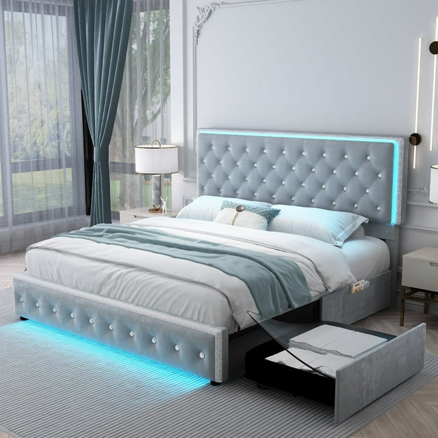 SIBEDS Cadre de Lit à DEL avec 2 Tiroirs de Rangement, Pochettes et Tête de Lit Capitonnée en Velours Doux Gris, Double