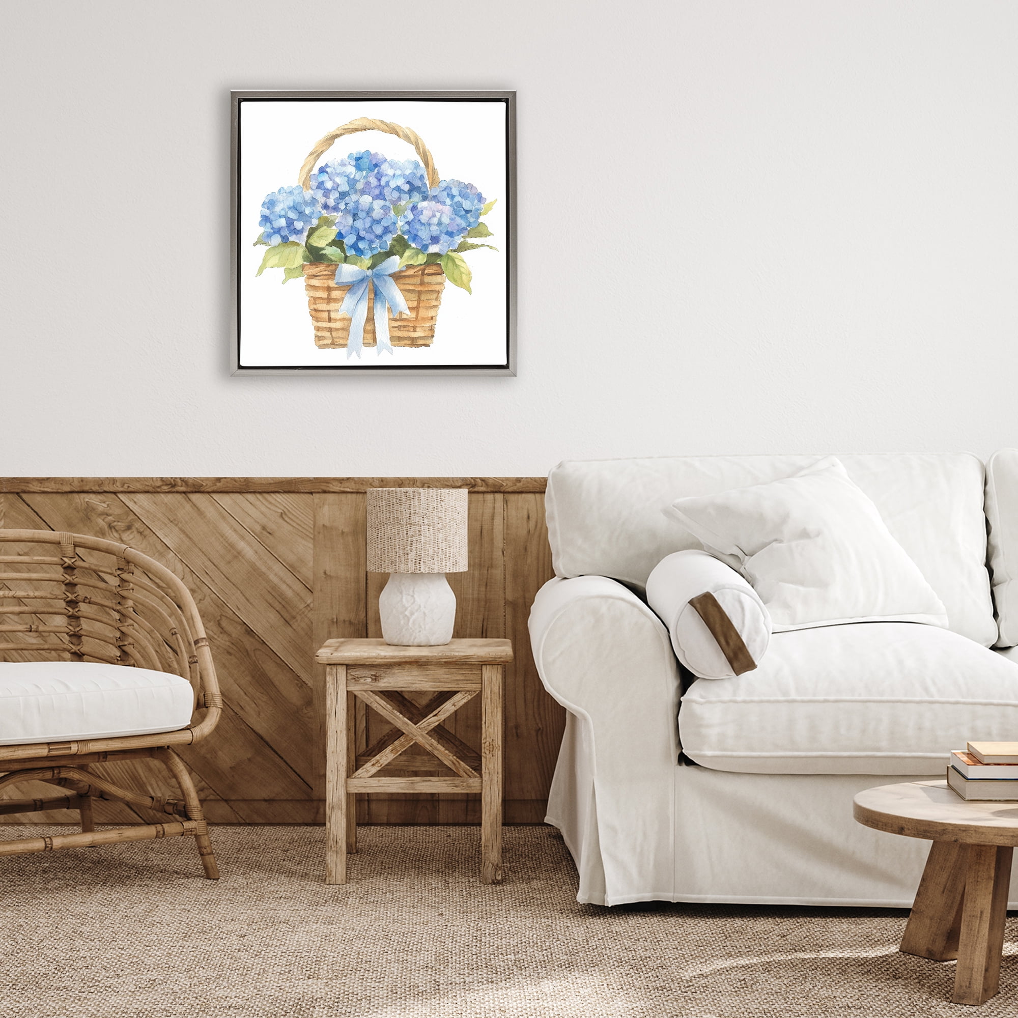 Stupell Industries Pretty Blue Hydrangea Picnic Basket Gray Framed Floater Canvas Wall Art, design by Petal Prints Design