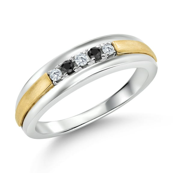 Gem Stone King White Lab Grown Diamond and Black Diamond Satin Finish Wedding Band Ring for Men | 925 Sterling Silver and 10K Yellow Gold | 0.18 Cttw | Size 11