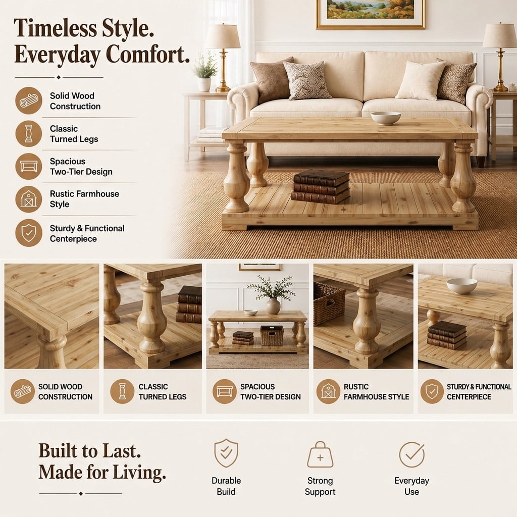 GARITIN Farmhouse Coffee Table with Storage Shelf, Solid Wood Turned Legs, 2-Tier Rustic Wood Center Table for Living Room, Natural
