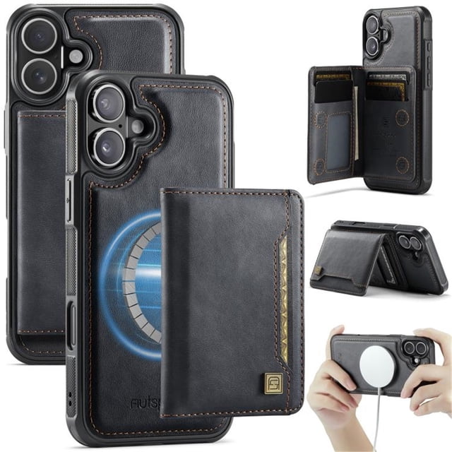 AutSpace Funda para Apple iPhone 16, Bloqueo RFID, Cuero PU, Compatible con MagSafe, Billetera Desmontable 2 en 1 con Tarjetero, Soporte, Cubierta Protectora Magnética, Negro, para iPhone 16