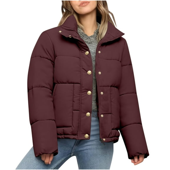 UQJfacai Womens Cropped Quilted Jackets Zip Up Puffer Jacket Stand Collar Buttons Padded Winter Coat Casual Outerwear with Pockets