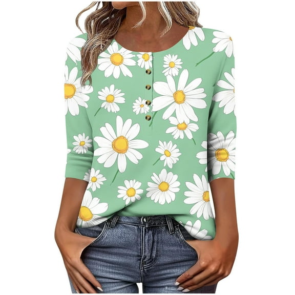 Women's 3/4 Sleeve Shirts Henley Button up Tops Casual Loose Fit Printed Tee Fashion Blouses Comfy Clothes (XL, Green 1)