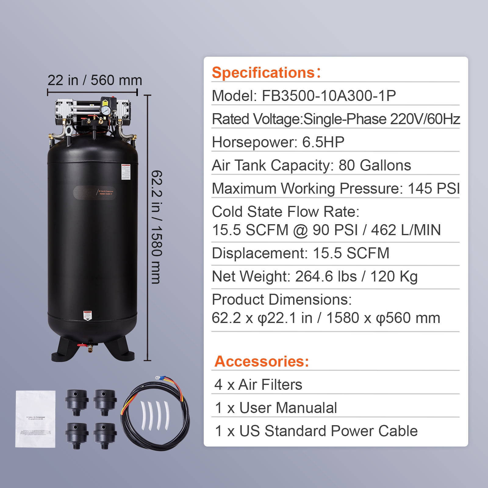 KFFKFF 80 Gallon Air Compressor, 6.5HP, 15.5SCFM@90 PSI, Two-Stage 145PSI, Lubrication-Free, 86dB Low Noise, Suitable for Industrial Production, Building, Car Maintenance