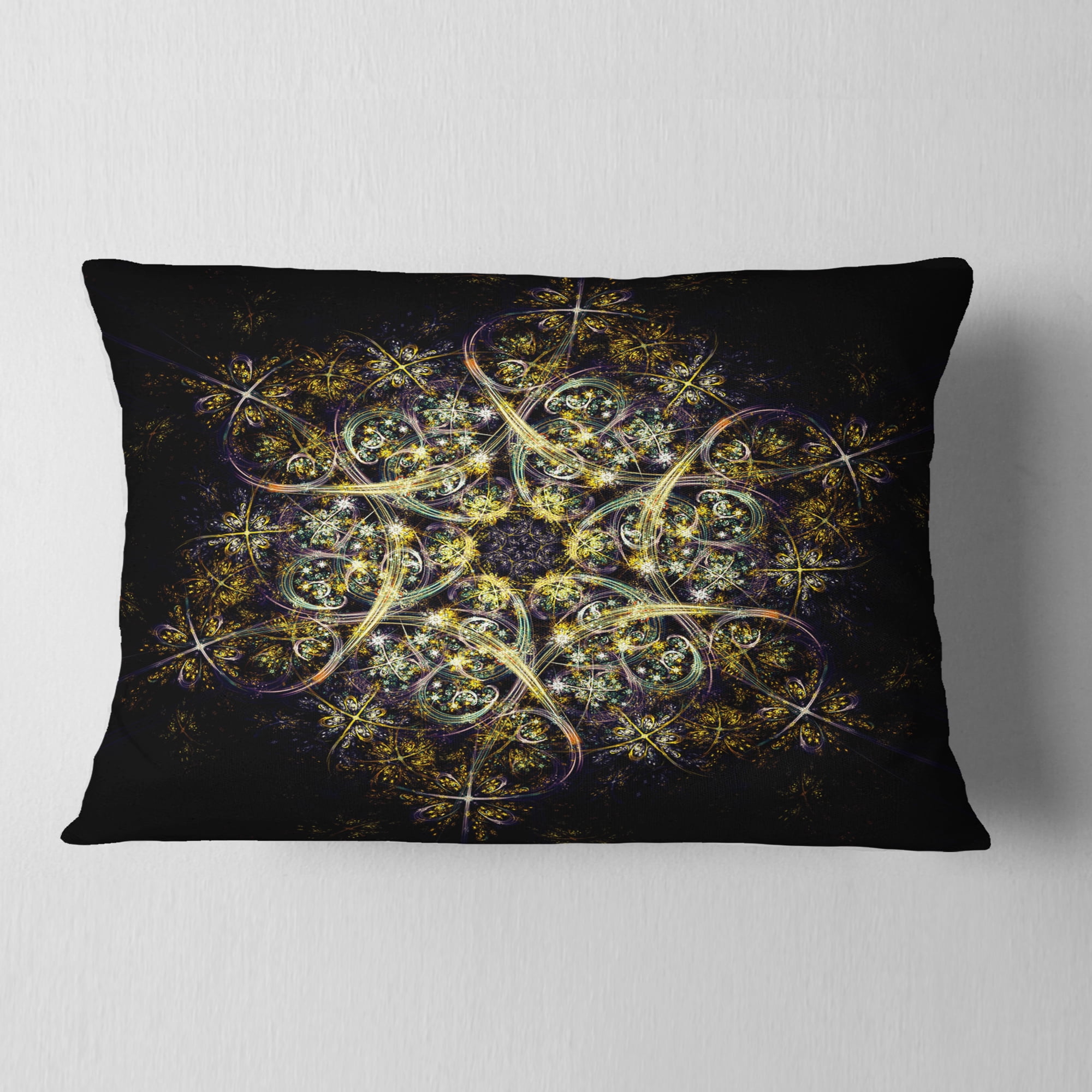 Designart Black Yellow Fractal Flower Pattern - Abstract Throw Pillow - 12x20