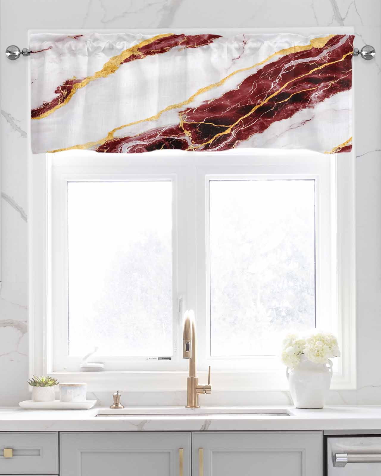Marble Red Kitchen Valances for Windows Farmhouse Linen Window Valance Curtain for Living Room Window Treatment Gold Foil Ceramic Style Cracks Scratches Valance Rod Pocket Topper Drape, 54 x 18 Inch