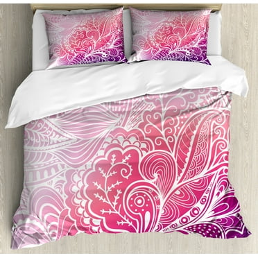 Floral Duvet Cover Set King Size, Boho Intricate Floral Design Hand Drawn Flowers and Leaves in Pinkish Colors, Decorative 3 Piece Bedding Set with 2 Pillow Shams, Pink Purple White, by Ambesonne