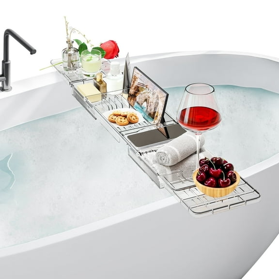 Expandable Acrylic Bathtub Caddy, Bath Shelf for Bathtubs, Bath Tray with Tablet Holder & Wine Glass Slot - Perfect for Luxury Bathroom Spa Experience