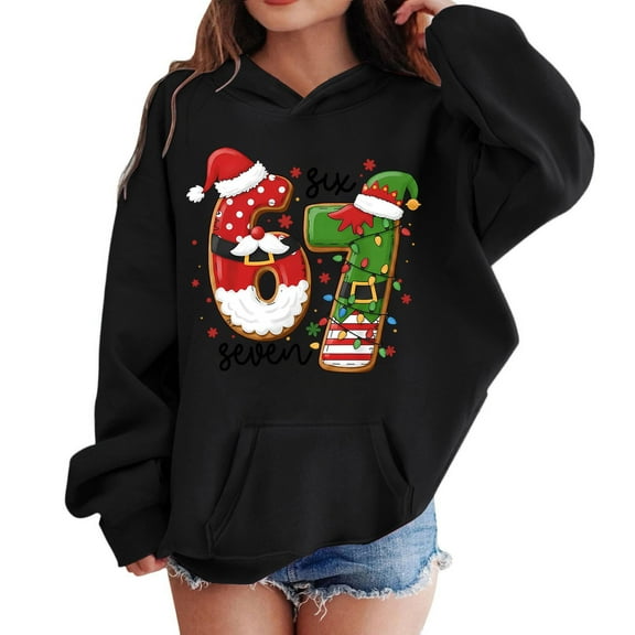 MEZZALL Kids Hoodie Number 6 7 Santa Hats Printed Boys Girls Sweatshirt Christmas Pullover Holiday Cozy Soft Warm Long Sleeve Tops Children Youth Winter Casual Wear