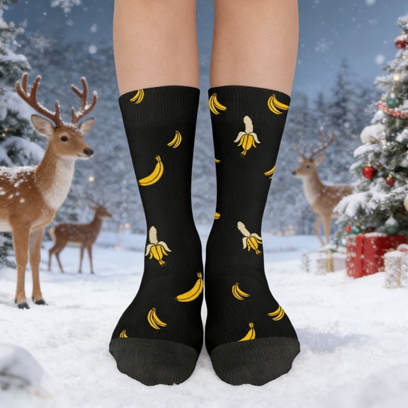 karymi Fun Cartoon Banana Pattern Crew Socks for Men and Women Unisex Soft Comfortable Stretchy Casual Socks Assorted Colors Fits Lightweight Breathable Gifts for Women