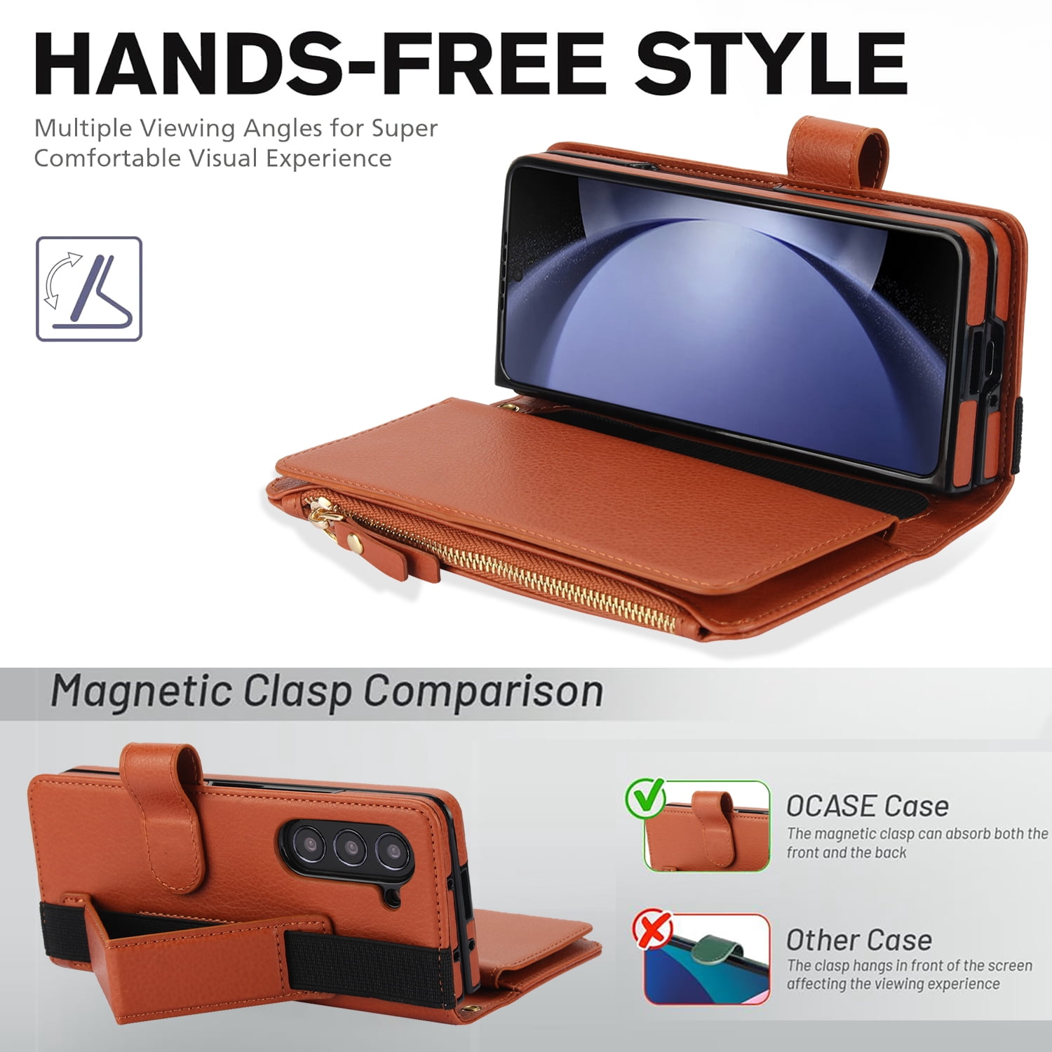 Allytechgroup for Samsung Galaxy Z Fold 7 Case Wallet, 7 Cards Slots Cash Zipper Pocket S Pen Holder Hand Strap Wrist Flip Cover Protective Phone Case for Samsung Galaxy Z Fold 7,Brown
