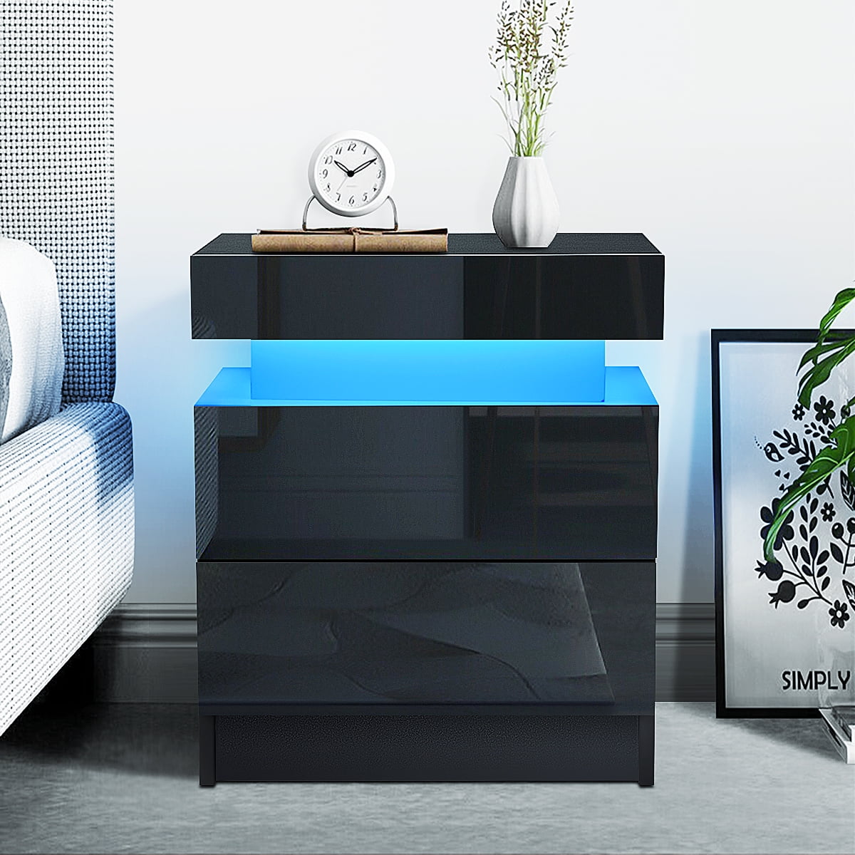 Hommpa 2 Drawer Modern Nightstand with RGB LED Light High Gloss Bedside Tables for Bedroom Black