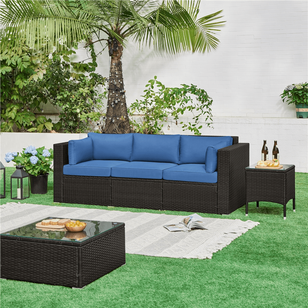 Renwick 3-Seater Outdoor Wicker Sofa with Throw Pillows, Black/Dark Blue