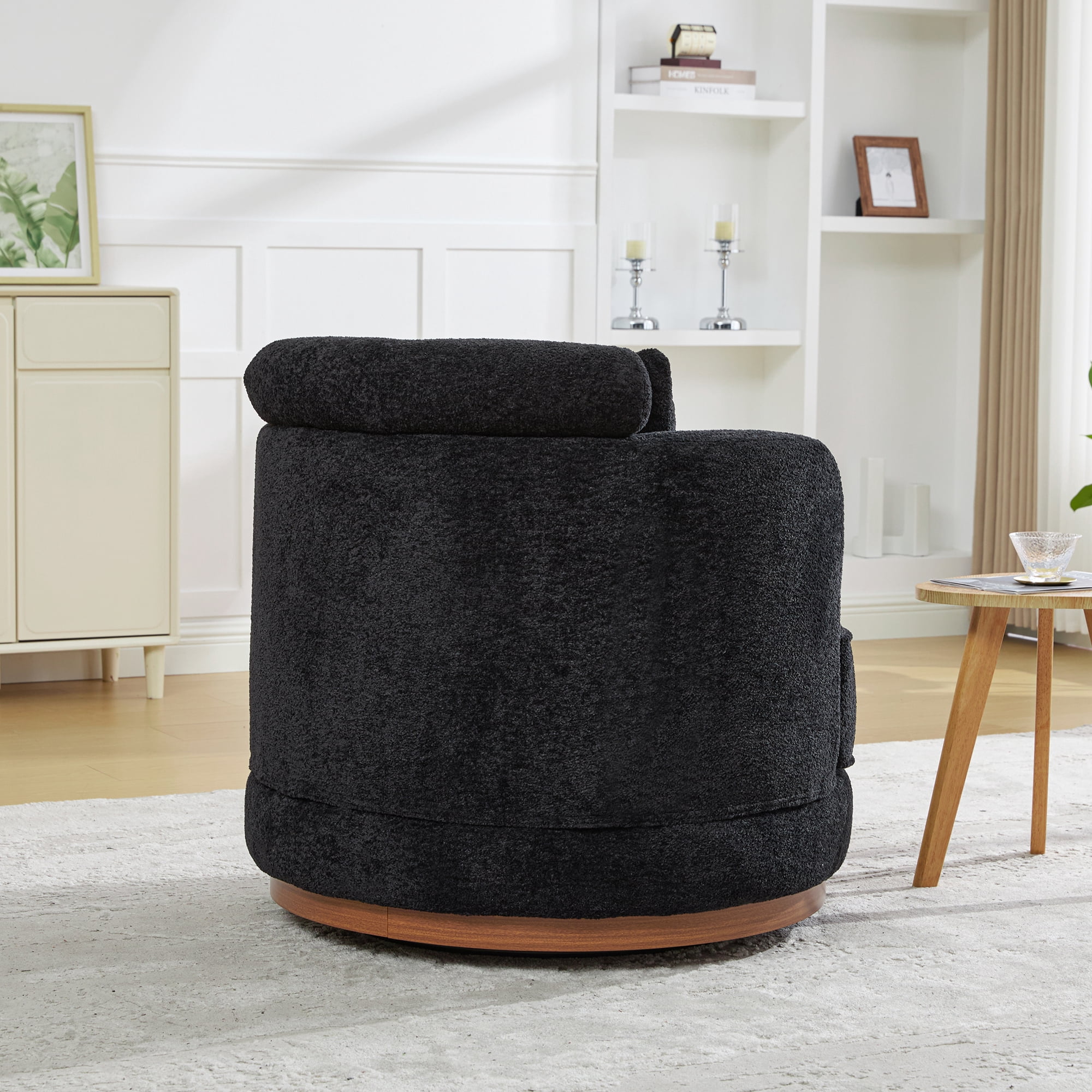 Leumius 360°Swivel Barrel Chair with 1 Plump Pillow and a Circular Wooden Base Ring, Round Chair with Removable Cushion for Living Room Bedroom Apartment,Black