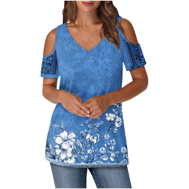 Tops de Hombro para las Mujeres Blusa de Impresión de Verano de Manga Corta con Cuello en V Top de Moda, Estante Ligero de Algodón de Imitación para el Uso Informal