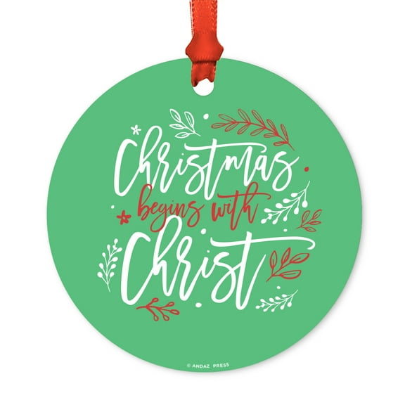 Religious Round Metal Christmas Ornament, Christmas Begins with Christ, Includes Ribbon and Gift Bag