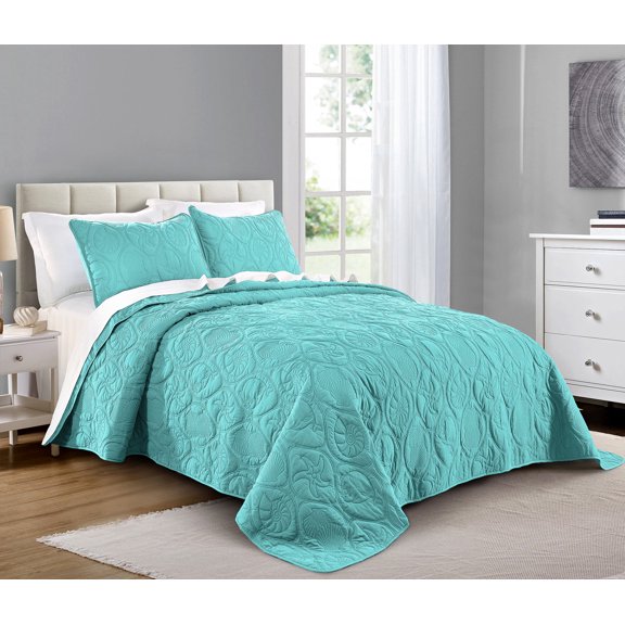 Quilt Set Full/Queen Size Aqua - Oversized Bedspread - Soft Microfiber Coverlet for All Season - Includes 1 Quilt and 2 Shams, Ocean Star Pattern