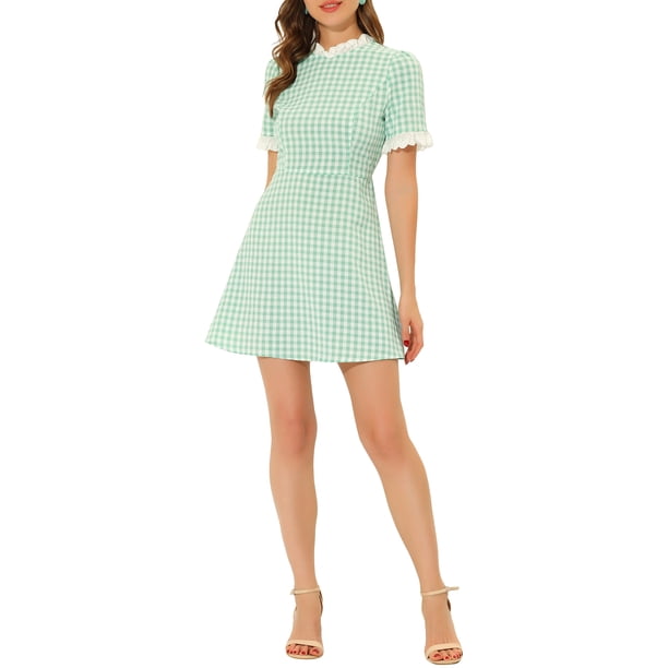 INSPIRE CHIC Vestido corto de manga corta con panel de contraste y cuello con volantes para mujer, color verde vintage