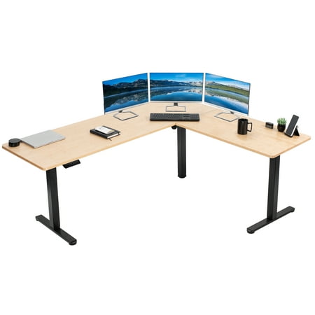 VIVO Bamboo / Black Electric 75 x 63 Corner Desk Workstation
