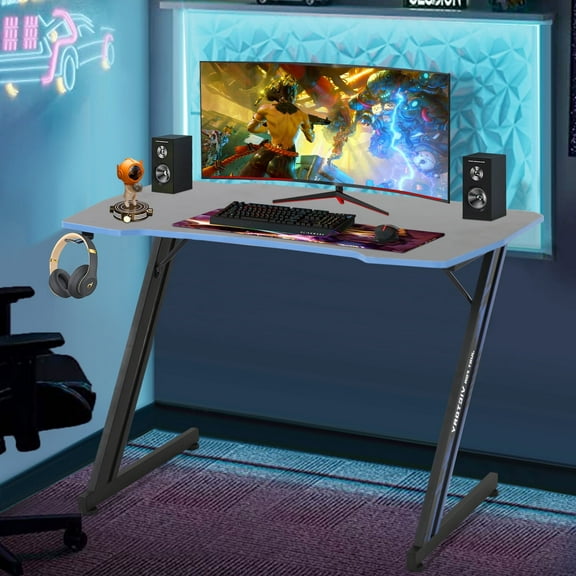 47 inch Z-Shaped Gaming Desk, PC Computer Table Home Office Desk Ergonomic Gamer Workstation with Headphone Hook, Blue