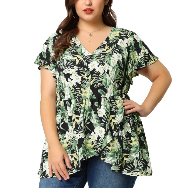 Women's Plus Size Blouse Flare Sleeve V Neck Tie Front Floral Wrap Peplum Tops Black 1X