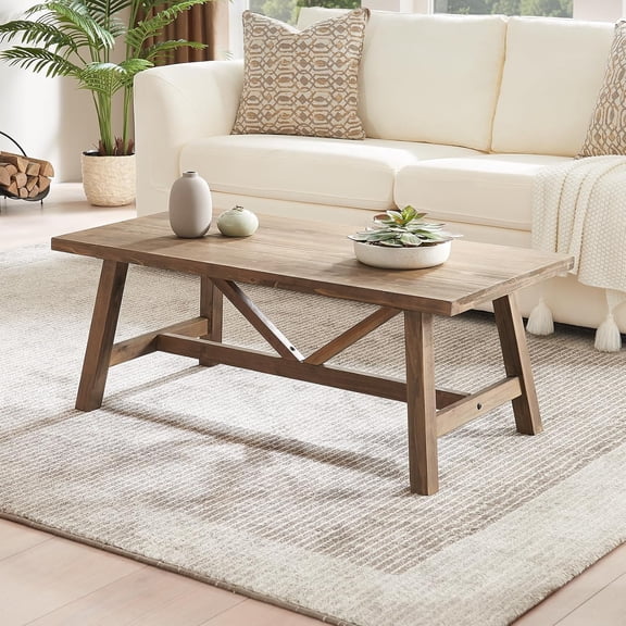 MY Farmhouse 43" Coffee Table,Solid Wood Center Tables for Living Room and Office, Rustic Wooden Rectangular Table with V-Shaped Support, Natural