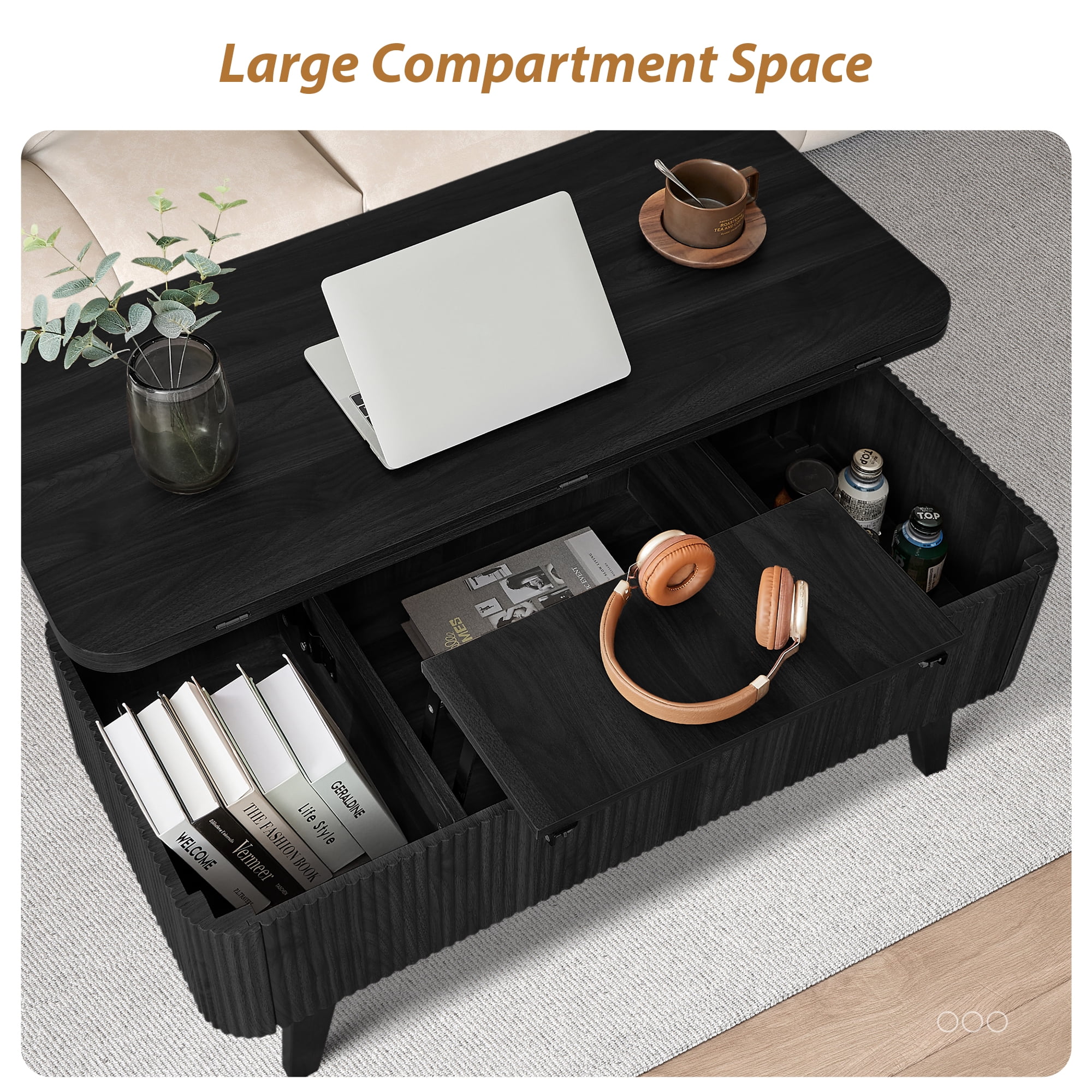 Wirrytor 3 in 1 Lift Top Coffee Table with Storage, Black Folding Desk for Small Spaces, Modern Center Table with Hidden Compartments for Living Room