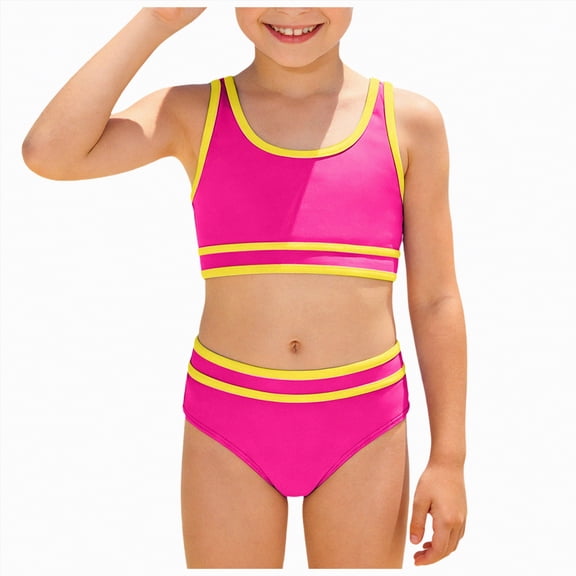 CAICJ98 Girls Swimsuits 2 Piece Bathing Suit Bikini Set Beach Sporty Color Block Girls' Swimwear (12-13 Years,Hot Pink)