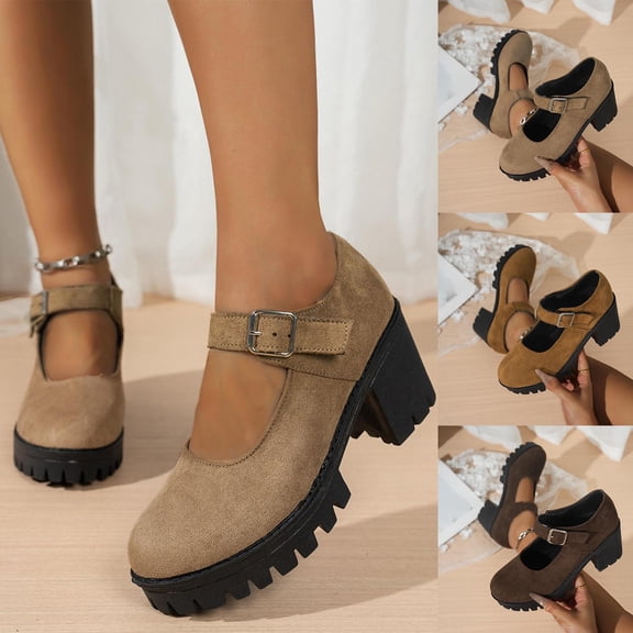 Mary Jane Shoes Women, Wide Width Suede Platform Heels, Retro Round Toe Buckle Strap Casual Dress Shoes, Beige/Brown/Taupe