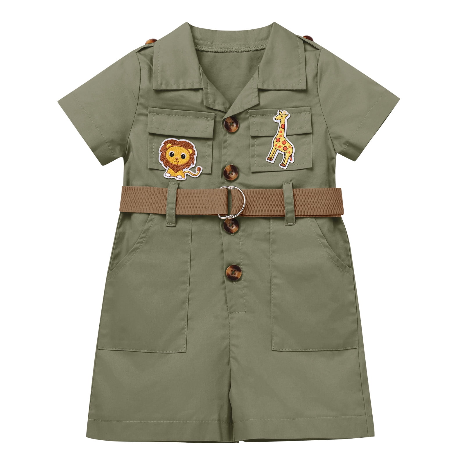 IBTOM CASTLE Toddler Baby Boys Girls Lion Giraffe Birthday Outfit One Piece Romper Jumpsuit with Belt and Hat Jungle Safari Cake Smash Clothes 18-24 Months Army Green