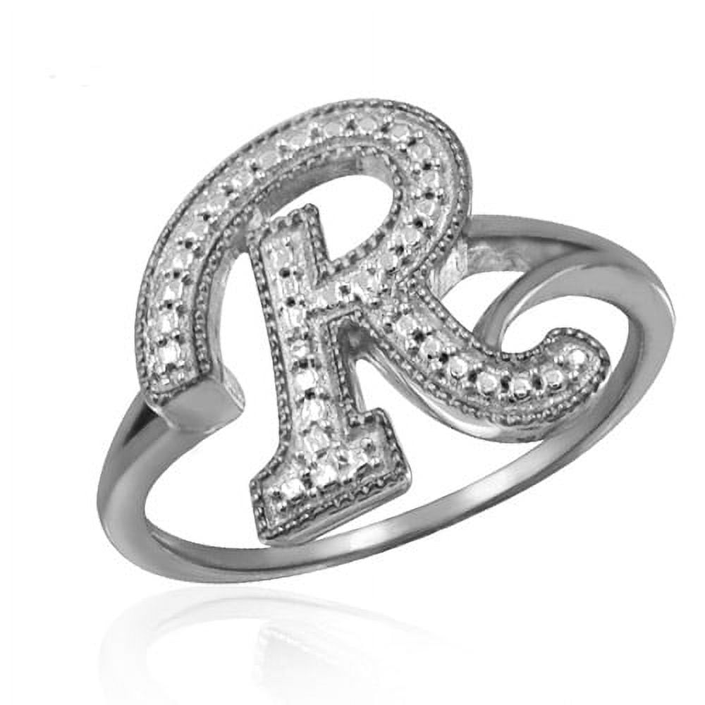 JewelersClub Accent White Diamond Initial Letter Ring for Women | Customizable Sterling Silver R Alphabet Monogram Ring for Girls | Cursive Script Capital Letters | Personalized Jewelry Gift for Her