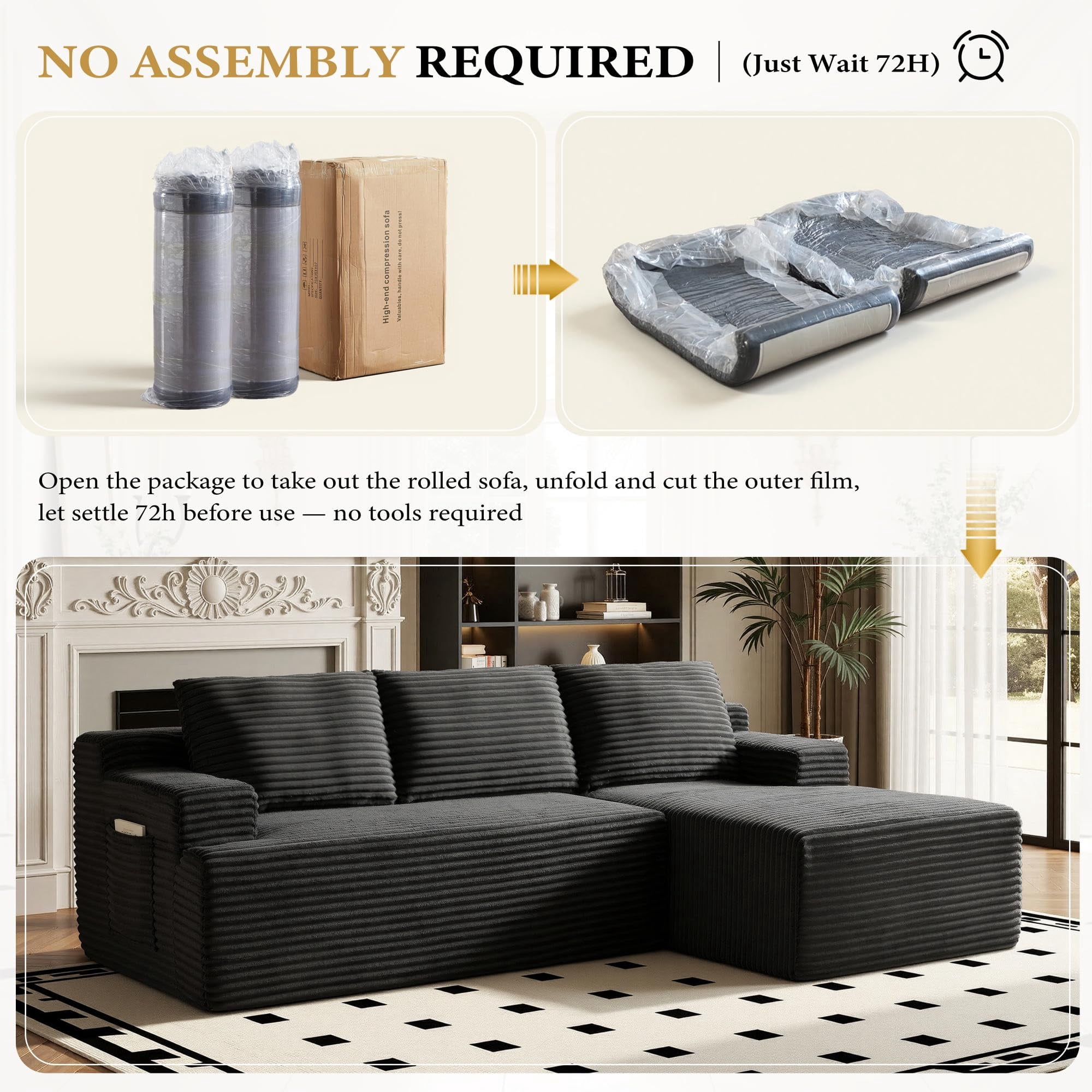 Aukfa 95" Cloud Sectional Sofa Modular Boneless Couch for Living Room, 2 Storage Pockets&Pillows, Right Chaise, Corduroy, Black