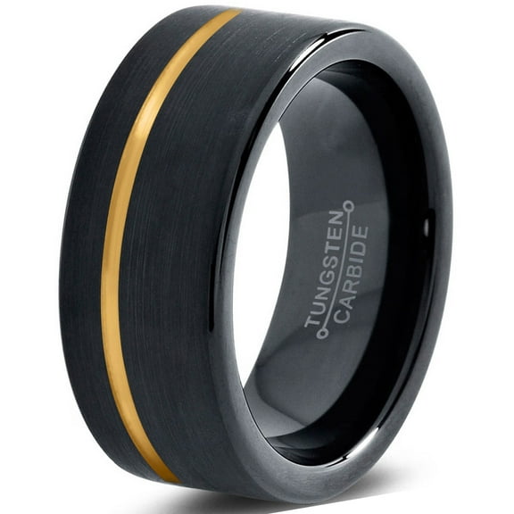P. Manoukian Tungsten Wedding Band Ring 8mm for Men Women Black & 18K Yellow Gold Plated Offset Line Pipe Cut Brushed Polished Lifetime Guarantee Size 11