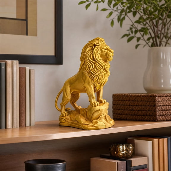 Resin Golden Lion Statue Figurine, Majestic Standing Lion Sculpture on Rock Base, Home Decor Ornament for Living Room Bookshelf Tabletop Office Shelf Display
