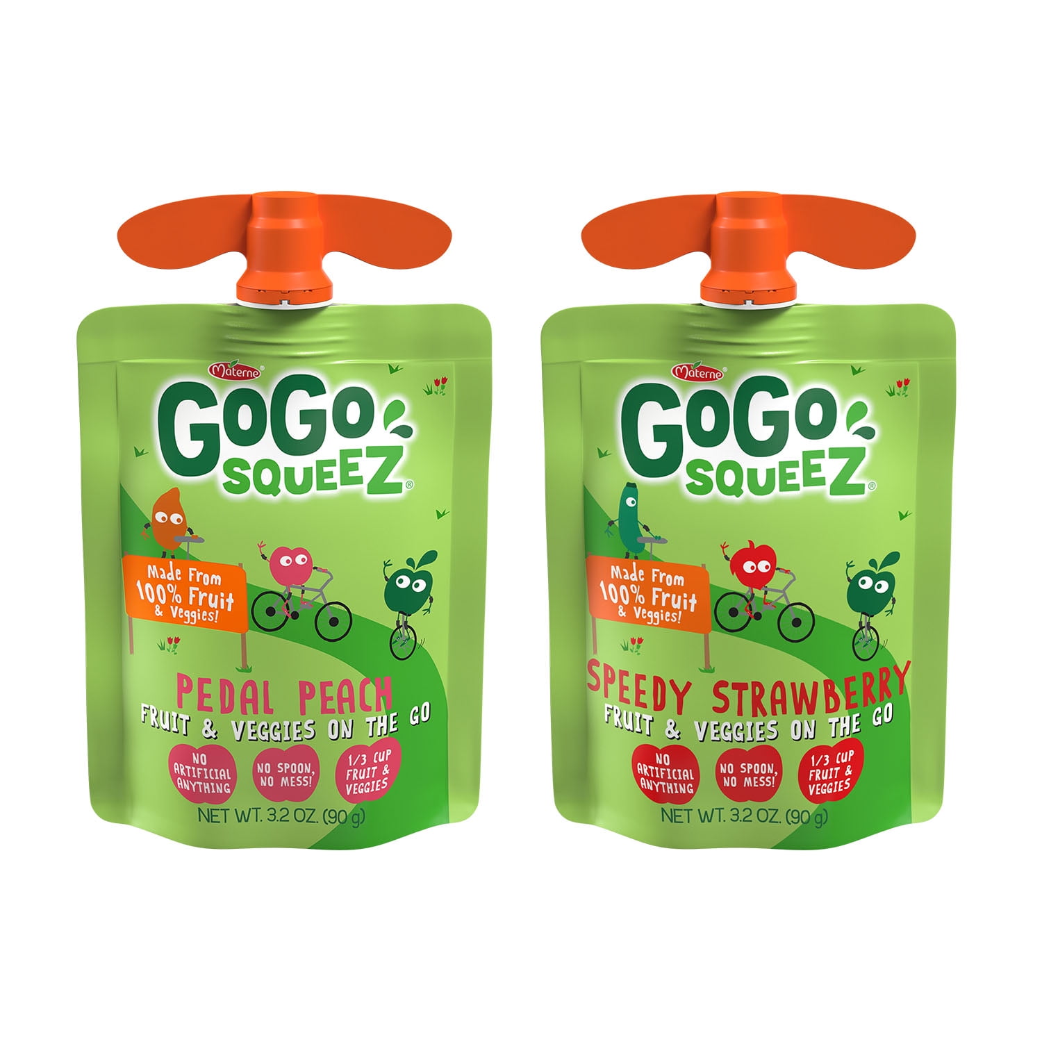 GoGo squeeZ Fruit & veggieZ Applesauce and Puree Variety Pack, Pedal Peach and Speedy Strawberry Snack Pouches Variety Pack, 3.2 oz, 12 pack