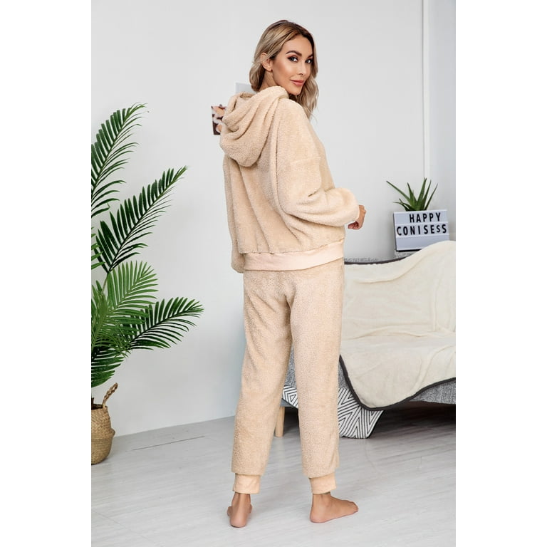 Womens Fuzzy Sherpa Fleece Pajamas Set, Long Sleeve Hoodies Pajama Pants 2  Piece Outfits Loungewear Sleepwear