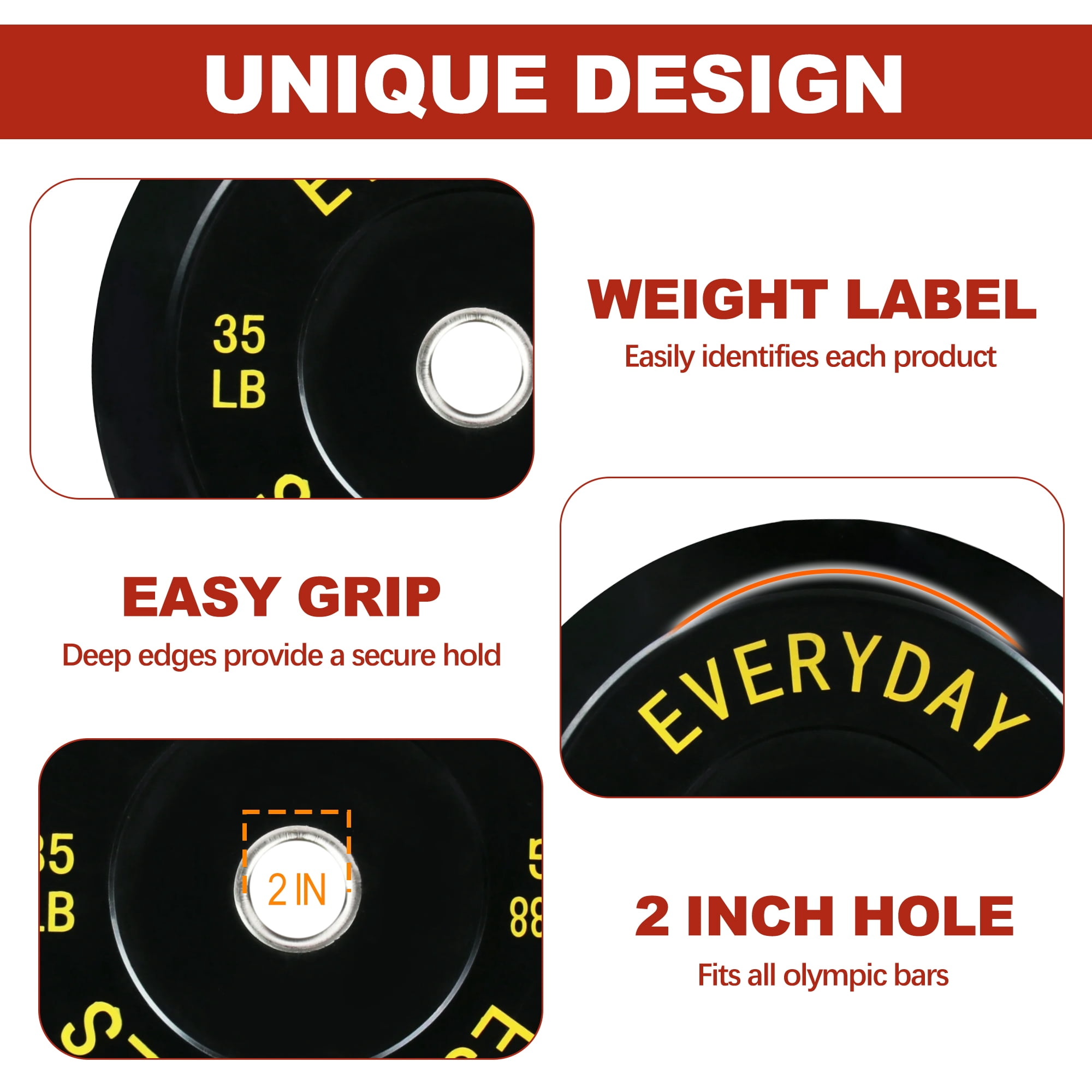 FlexWave Black Rubber Bumper Weight Plates with White Lettering – 2-Inch Olympic Bar Compatible, Durable for Home Gym, Weightlifting, and Strength Training – Sold in Pairs or Sets