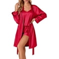 thumbnail image 1 of Women's 3pcs Satin Pajamas Set Cami Top and Shorts Sleepwear PJs Set with Robe,Red, 1 of 5