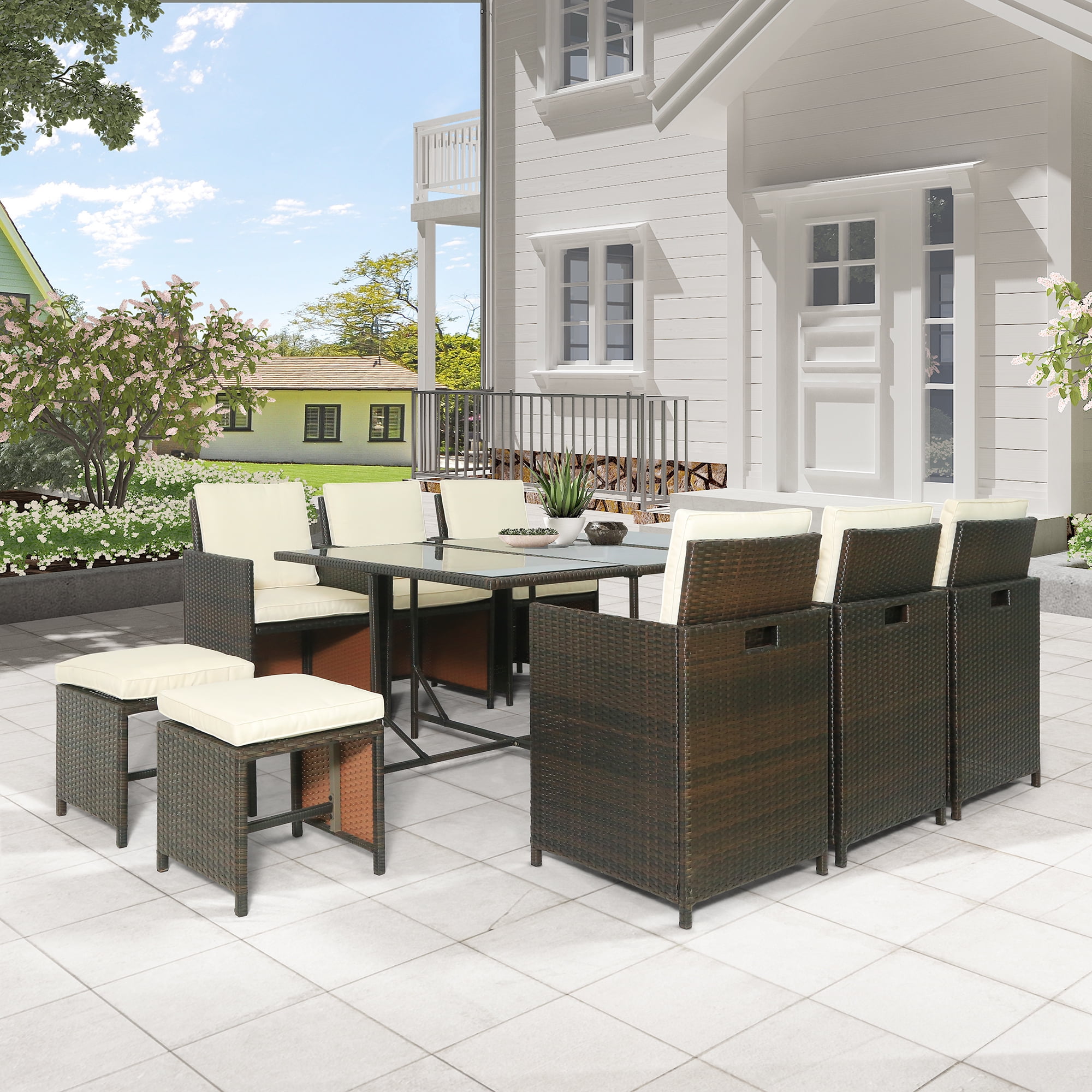 Outdoor Dining Table And Chairs Set 11 Piece All Weather Resistant Heavy Duty Wicker Patio Dining Set With Ottoman Stool Patio Furniture Set Conversation Set For Garden Poolside Backyard W12635 Walmart Com